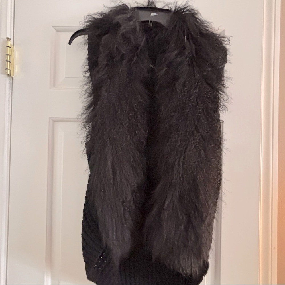 Adrianne Landau Black Mongolian Curly Lamb Fur Vest